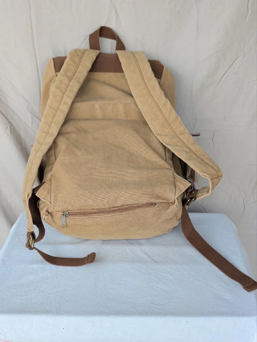 Durable Tan Canvas Backpack with Brown Trim Hiking Camping Outdoor Activities